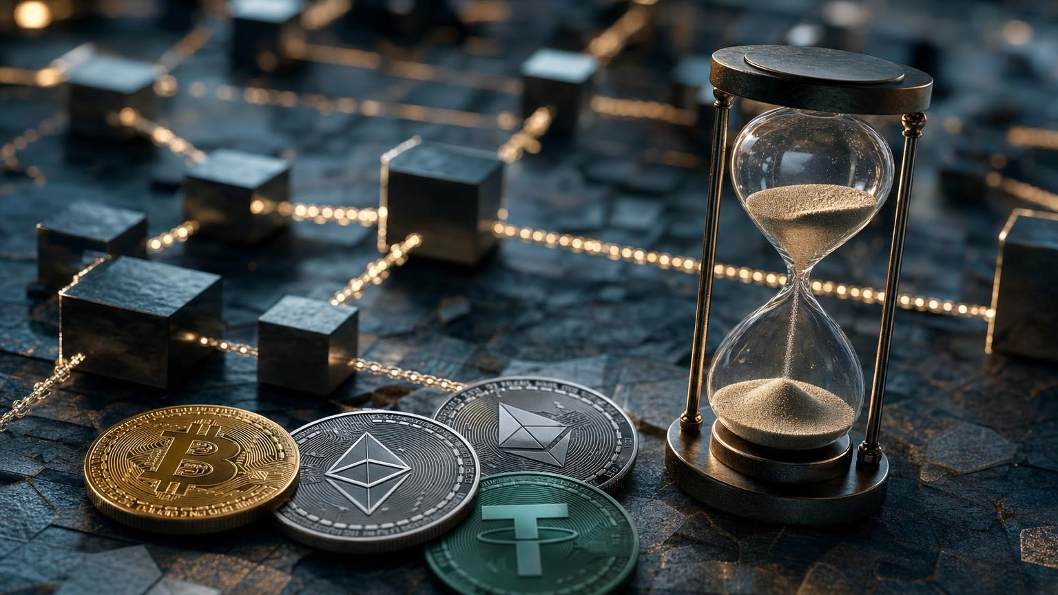 A cryptocurrency payout request moving through service review, blockchain broadcasting, confirmation, and wallet crediting stages
